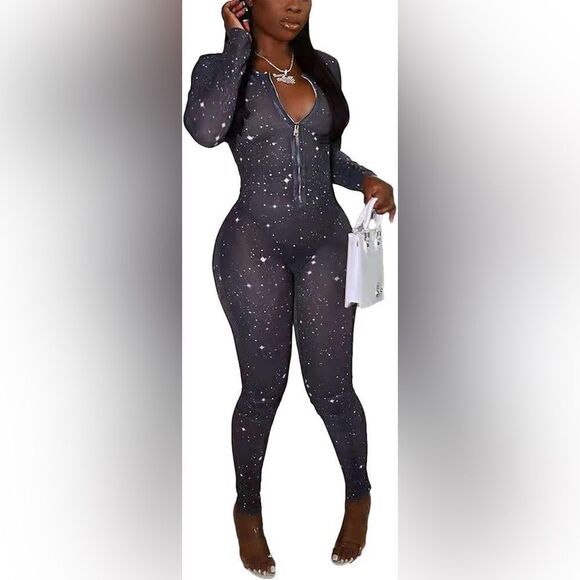 Recious One Blue Jumpsuit Long Sleeve V Neck Zipper Printed Mesh Size M - Picture 5 of 10